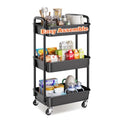 3 Tier Rolling Cart with Wheels, Black Plastic Three Tiered Shelf Organizer Carts on Lockable Wheels, Small Utility Storage Trolley for Diaper Caddy, Snack, Art, Cleaning Supplies, Kitchen, Bathroom - color: Black