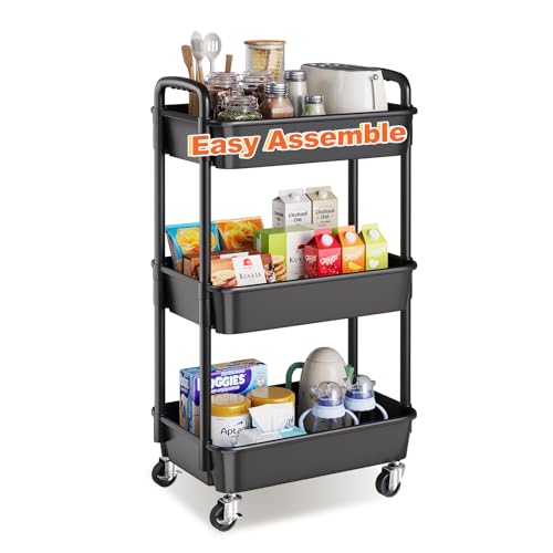 3 Tier Rolling Cart with Wheels, Black Plastic Three Tiered Shelf Organizer Carts on Lockable Wheels, Small Utility Storage Trolley for Diaper Caddy, Snack, Art, Cleaning Supplies, Kitchen, Bathroom - color: Black
