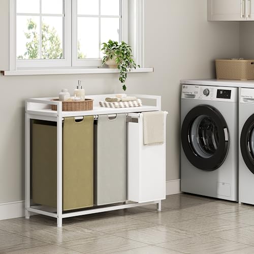 Herture Laundry Hampers with Shelf, Laundry Basket 3 Section, Laundry Sorter with Pull-Out Removable Large 3 Color Bags and Movable Wheels, Metal Frame, 3 x 15.87 Gallons (60L), White PF04XLE - color: White + 3-Color, size: 3 Bags-180 L