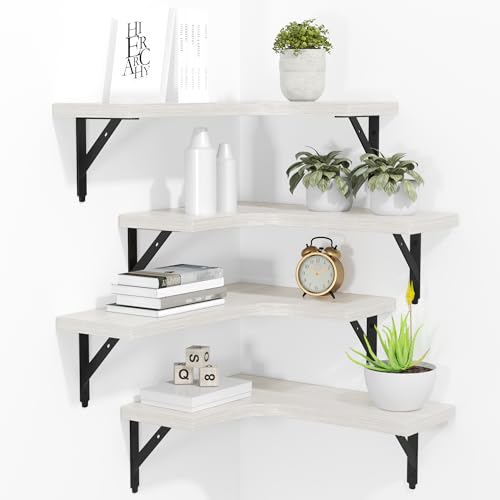 ROMGUAR CRAFT Corner Floating Shelves Wall Mounted Set of 4, Rustic Wood Storage Display Wall Shelves for Home Decor, Bathroom, Kitchen, Bedroom, Living Room, Office (White) - color: White