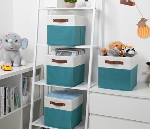 HNZIGE Fabric Storage Cube Bins Baskets for Organizing, 11 inch Cube Storage Bins, Set of 4, Collapsible Storage Bin with Handles, Closet Organizers and Storage Home Toy Nursery Bedroom(White Teal) - color: Teal White, size: 11"x11"x11"-4pack