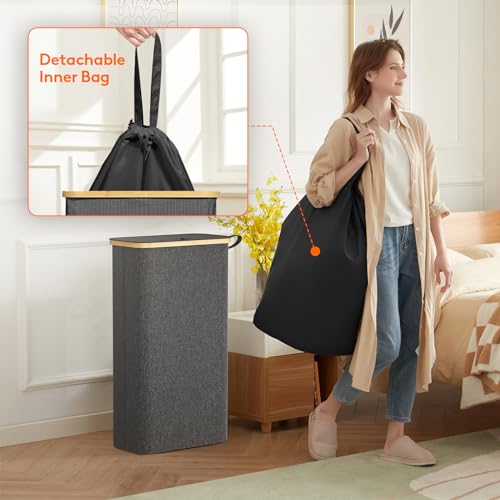 Lifewit 65L Slim Laundry Hamper with Lid, Narrow Laundry Basket with Removable Bag & Bamboo Handles, Fodable Thin Dirty Clothes Hamper for Laundry Collapsible Bin for Bathroom Bedroom Dorm, Dark Gray - color: Dark Gray, size: 65L
