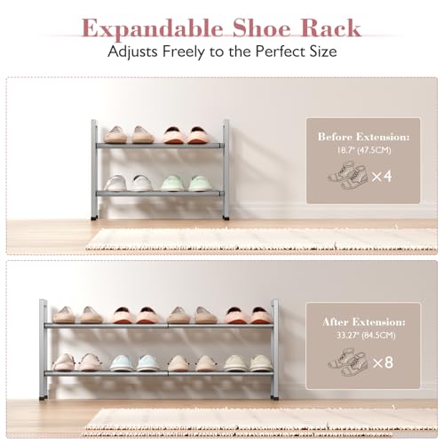 Bumusty 2 Tier Expandable Shoe Rack for Closet, 18“-33” Adjustable Shoe Rack for Small Space, Small Shoe Organizer for Front Door, Sturdy Metal, Light Grey - color: Light Grey, size: 2-Tier