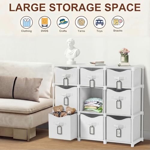 9 Cube Storage Organizer Shelf with Storage Bins and Label, 11 Inch Toy Cube Bins Clothes Closet Organizers Drawers Fabric Dresser for Living Room, Bedroom, Playroom, Dorm(White) - color: White