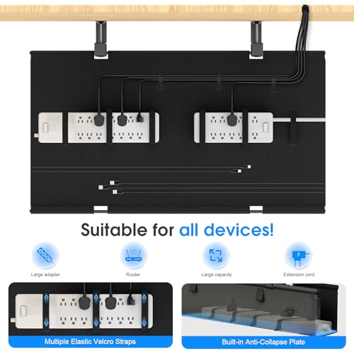 Under Desk Cable Management Tray, 30-inch No-Drill Cord Organizer with Anti-Sag Reinforced Base, Fabric Wire Management Hider for Standing Desk, Office & Gaming Accessories - Black - color: Black, size: 30 inch