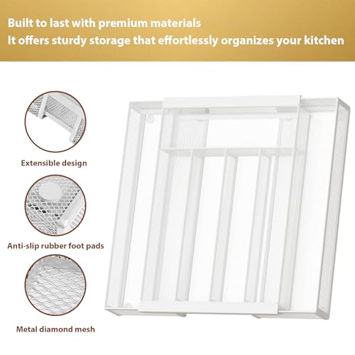Sedegn Silverware Organizer Metal Mesh, Drawer Organizer, Utensil Cutlery Tray for kitchen drawers,Expandable Flatware Organizer with 7 Compartment White 9.6"~16.1" x 13.8" - color: White, size: Expandable 9.6"~16.1" x 13.8"