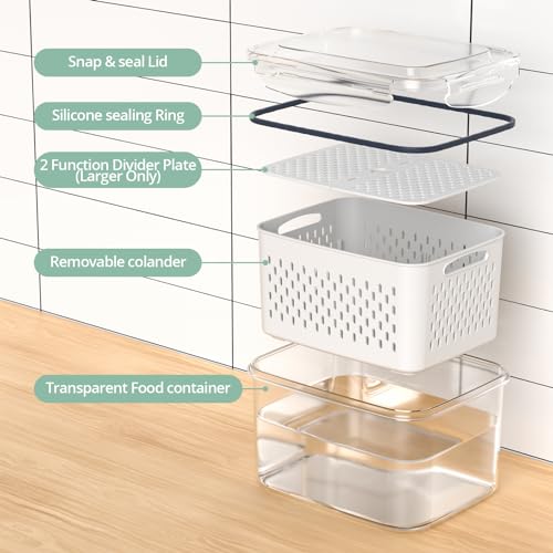 Fruit Storage Containers for Fridge with Removable Colander, 8 Pack Fruit Containers for Fridge with 2 Function Divider Plate, Airtight Storage Container to Keep Berry Fruit Fresh, Dishwasher Safe