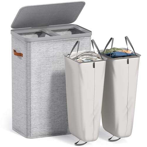 Sorbus Laundry Hamper with Lid - Collapsible 2-Compartment Fabric Laundry Basket with Handles and Removable Laundry Bag – 45 Gallon (170 L) Dirty Clothes Hamper for Bedroom, bathroom and dorm (Gray) - color: Gray, size: 2 Compartment
