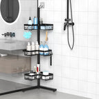 KEGII Standing Shower Caddy Corner, 3 Tier Adjustable Shelves Rustproof Floor Shower Organizer with 18 Hooks and Adjustable Feet, Bathroom Corner Shelf Rack, Black