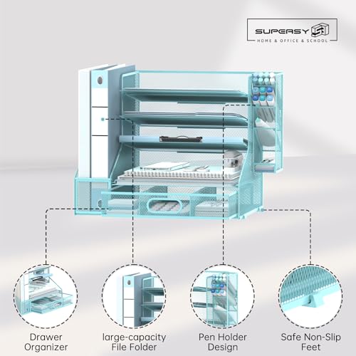 SUPEASY Desk Organizer with File Holder, 5-Tier Mesh Paper Letter Tray Organizer with Pen Holder and Drawer, Desktop Organizer and Storage with 3 Tilted File Sorter for Office Supplies, Blue - color: Blue