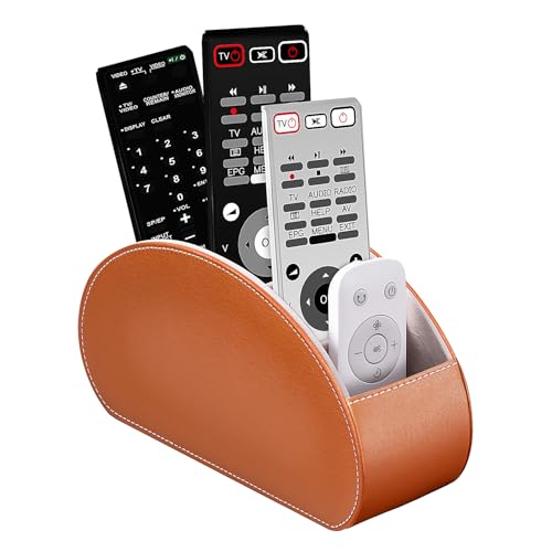BONNY DODO Remote Control Holders Organizer Box with 5 Compartment PU Leather Multi-functional Office Desk Storage Caddy Store Tv Remote for Media Player,Brush,Pencil,Glassees&Office Supplies (Brown) - color: Brown, size: S