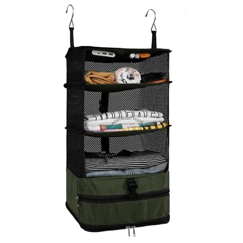 Surblue Hanging Closet Storage Bag Collapsible 3-Shelf Washable Oxford Fabric with 2 Hooks (L 11.41 * 11.41 * 19.68in, Dark Green) - color: Dark Green, size: L 11.41*11.41*19.68in