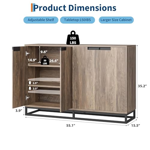 IDEALHOUSE 55 Inch Sideboard Buffet Cabinet with Storage, Accent Cabinet with 4 Doors & Adjustable Shelves, Multifunctional Storage Cabinet for Kitchen, Dining Room, Entryway & Living Room - color: Brown