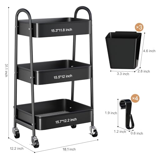 3 Tier Metal Rolling Cart with Lockable Wheels, Black Three Tiered Utility Storage Organizer Carts on Wheels for Bathroom, Kitchen, Laundry, Garage, Office, Craft, Art, Baby, Diaper Caddy, Snack, Book - color: Matte Black, size: 3 tier