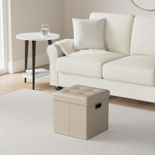 SONGMICS Mazie Collection - 15 Inches Ottoman with Storage, Footstool, Storage Ottoman with Metal Handles, Load 660 lb, for Dorm, Living Room, Bedroom, Synthetic Leather, Camel Brown ULSF030K03 - color: Camel Brown, size: 15"D x 15"W x 15"H