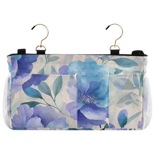 Bedside Caddy Metal Frame Hanging Organizer Bunk Bed Dorm Accessories Hook And Loop Storage Bag Large Pockets Blue Peony Leaf - color: Blue Peony Leaf