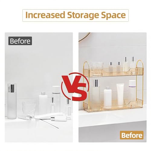 YCIA&DONE 2 Tiers Narrow Vanity Makeup Organizer, Bathroom Organizers Countertop Slim, Perfume Holder Skincare Storage Cosmetic Shelf Spice Rack, for Small Desktop Counter Space, Amber Gold - color: Amber Gold