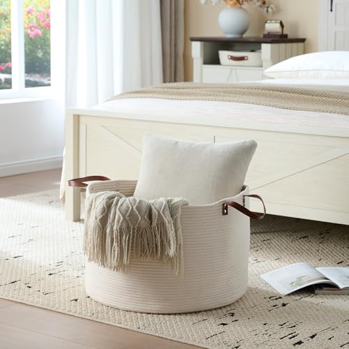 Luxury Little Extra Large Nursery Storage Basket, 22 x 22 x 14 inches - 100% Cotton Rope Baskets with Handles, Laundry Basket for Toys, Blankets & Pillows - Off White with Leather Handles - color: White