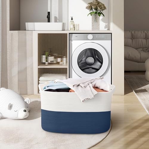 MEGASKET Extra Large Rope Basket, 22" x 17" x 12" Woven Stuffed Animals Storage Bin, Kids Dog Stuff Toy Box Organizer, Living Room Nursery Organization, Big Basket Container for Blankets Clothes - color: White & Dark Blue, size: 22"x17"x12"