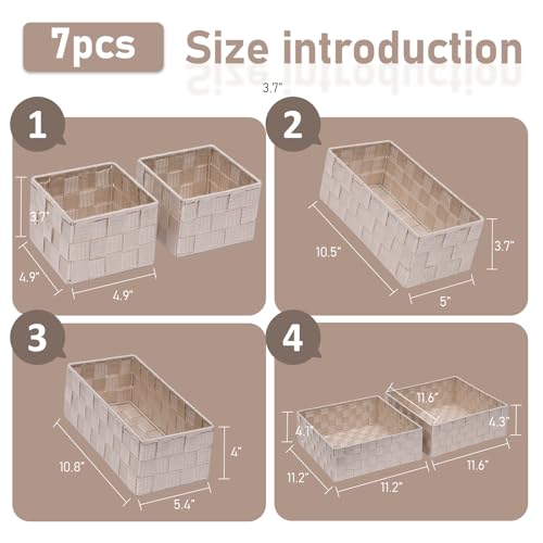 Storage Bins Woven Organizer Set of 7 – Polypropylene Storage Baskets with Metal Frame, Stackable Fabric Boxes for Drawers, Closet, Shelf, Nursery and Office, Beige - color: Beige, size: 7PCS-without lid