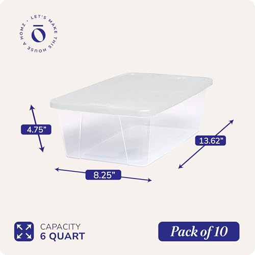 HOMZ 10-Pack Snaplock, Small Clear Plastic Storage Organizer Bins w/ Lids, 6 Quart, White - Stackable Container Boxes for Bedroom, Bathroom, Garage, and Office Organization - color: White Lid, size: 6 QT (10 Pack)