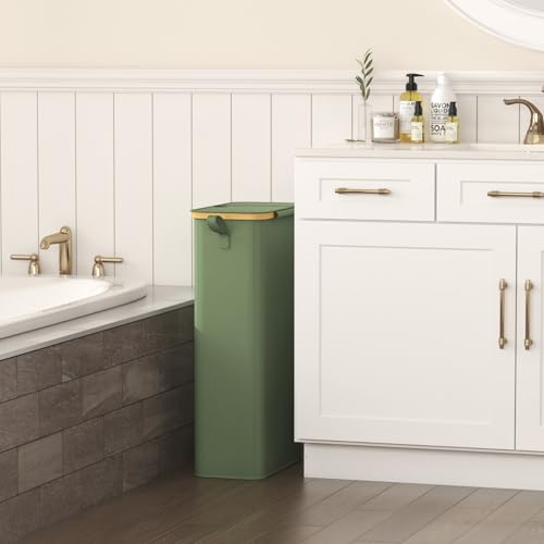 Lifewit 65L Slim Laundry Hamper with Lid, Narrow Laundry Basket with Removable Bag & Bamboo Handles, Fodable Thin Dirty Clothes Hamper for Laundry Collapsible Bin for Bathroom Bedroom Dorm, Green - color: Green, size: 65L