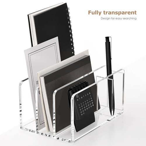 SANRUI Acrylic Mail Organizer, 3 Compartments Clear File Holder for Desk, Letter Sorter with Pen Holder, Countertop Document Sorter for Notebooks, Bills & Eyeshadow Palettes - style: 3 Sections with Pen Holder