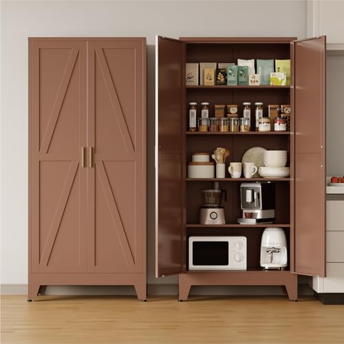 COFaR 71'' Tall Metal Storage Cabinet, Farmhouse Kitchen Pantry Cabinet with Doors and 4 Adjustable Shelves, Brown Metal Cabinets for Garage, Kitchen, Bathroom, Laundry, 5-Tier - color: Brown, size: 71 Tall 2 Doors-Tree Door