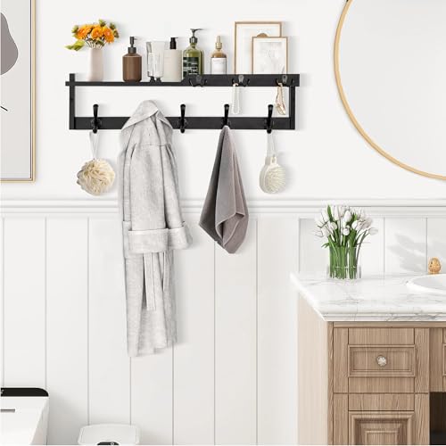 29'' Coat Rack Wall Mount with Shelf, Coat Hanger Wall Mount with Key Hooks and Mail Holder, Wood Entryway Floating Shelf with Hooks and Storage, Hat Rack for Wall Key Holder Mail Organizer - color: Black, size: 29 Inch Long