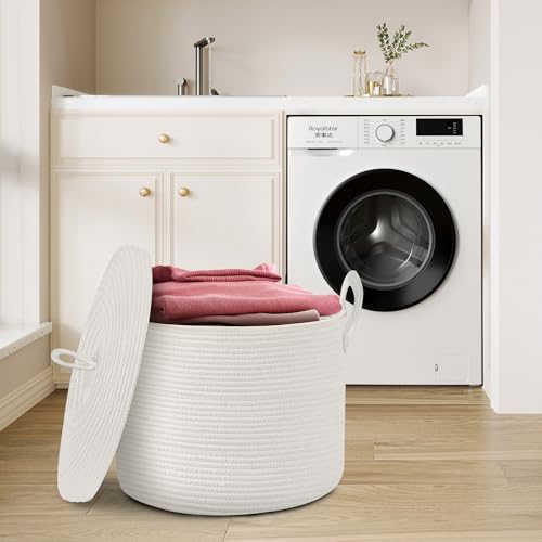 18" X 18" X 14" Extra Large White Basket with Lid, Woven Cotton Rope Basket for Blankets for Living Room, Kids Toy Storage Bin, Wicker Bathroom Towel Storage, All White Bins for Organizing - color: Full White