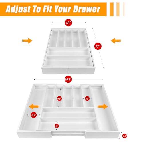 Bellsal Large Premium Bamboo Silverware Organizer - Expandable Utensil Drawer Organizer - 17"x19.6" Utensil Holder and Cutlery Tray with Grooved for Kitchen Flatware and Utensils(7-9 Slot, White) - color: White, size: 9 Slots Expandable