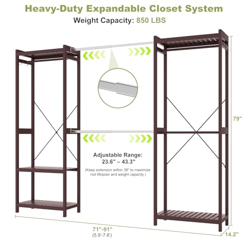Homykic Bamboo Closet System, 71"-91" Expandable Clothing Rack with 5 Hanger Rods & Shelves, 6.6ft Tall Garment Rack Organizer for Walk-in Closet Bedroom, Max Load 850LBS, Easy to Assemble, Espresso - color: Espresso, size: 91"Wx14.2"Dx79"H