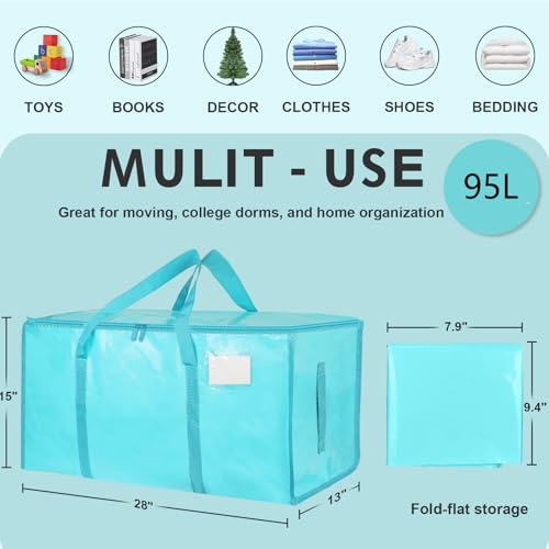 6 Pack-Extra Large Heavy Duty Moving Bags - Waterproof Storage Totes with Handles & Zippers, Foldable for College Dorm, Storage (lake blue) - color: lake blue, size: 6