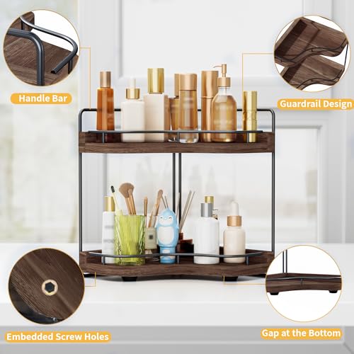 2-Tier Corner Bathroom Counter Organizer with Embedded Screw Holes, Secure & Stable Wood Vanity Shelf for Makeup and Skincare Essentials - Space Saving Bathroom Countertop Storage, Dark Brown - color: Dark Brown