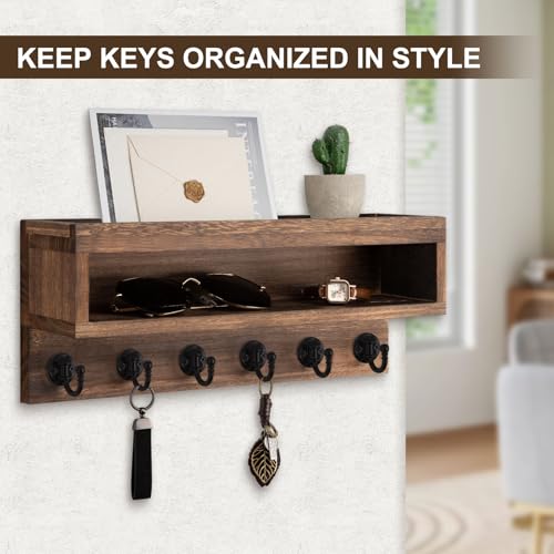Key and Mail Holder Wall Mount, Key Hanger with Long Storage Box and 6 Hooks for Coat, Dog Leash, Home Decor Rack, House Accessories, Entry Way Organizer (Brown) - color: Brown