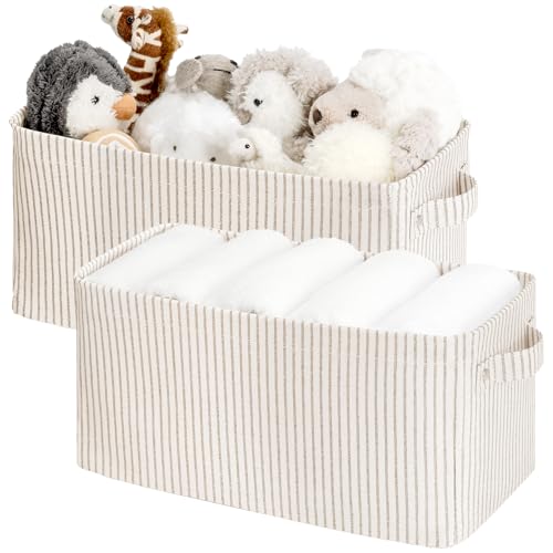 StorageWorks Narrow Storage Bins, Small Basket for Closet and Shelves, Rectangular Fabric Organizer with Handles, Toilet Paper Storage, Khaki and Beige Stripes, 2-Pack - color: Khaki and Beige Stripes, size: 15"L x 7¾"W x 7¼"H
