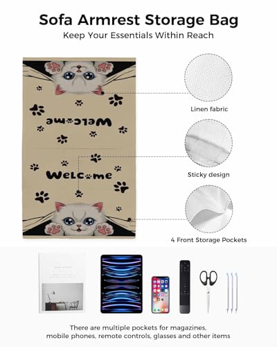 Sofa Armrest Organizer Bedside Caddy, Adorable Cat Welcome Non Slip Couch Remote Control Holder for Recliner, Retro Paws Footprints Arm Chair Caddy with Pocket for Magazine, Phone, 19.7''x35'' - size: 19.7x35 in