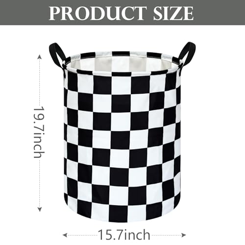 19.7 Inch Round Laundry Hamper Black Check Laundry Basket Fabric Storage Hamper Organization Basket, Storage Bin, Toy Box,Gift Basket with Handles for Room - color: Black Check