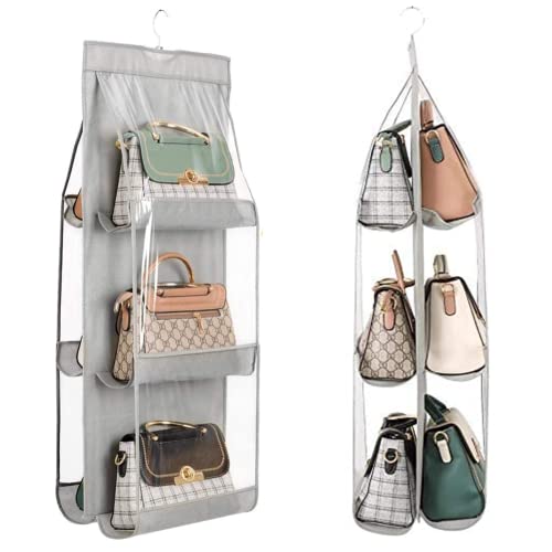 HAN SHENG 6 Pockets Clear Handbag & Purse Organizer Hanging Bag Storage - Space Saving Hanging Shelf for Closet, Wardrobe, Over Door (2 Pack, Grey) - color: Grey, size: 6 Pockets-2pcs
