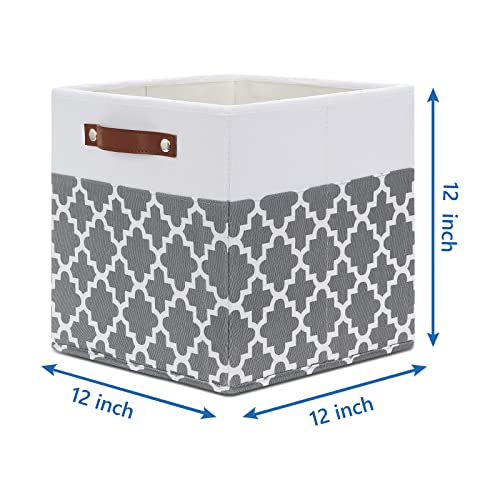 Temary 12x12x12 Fabric Storage Bins 4 Pack with Leather Handle, Foldable Cubes Storage Box Baskets for Closet, Shelf (White&Lattice) - color: Grey Lattice, size: 12×12×12