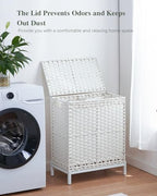 SETVSON Laundry Hamper with Lid,112 L Handwoven Rattan Wicker Laundry Basket, 2 Removable Liner Bags Metal Heightened Feet,6 Mesh Bags,2 Section Large Clothes Hamper for Bathroom Bedroom, Cloud White - color: Cloud White, size: 112 L - 29.6 gal
