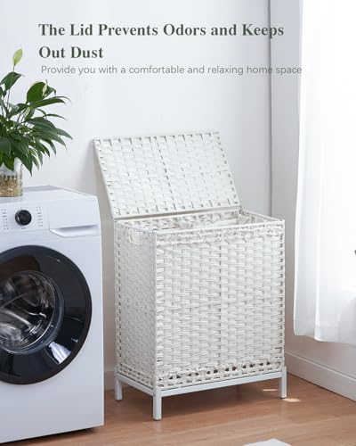 SETVSON Laundry Hamper with Lid,112 L Handwoven Rattan Wicker Laundry Basket, 2 Removable Liner Bags Metal Heightened Feet,6 Mesh Bags,2 Section Large Clothes Hamper for Bathroom Bedroom, Cloud White - color: Cloud White, size: 112 L - 29.6 gal