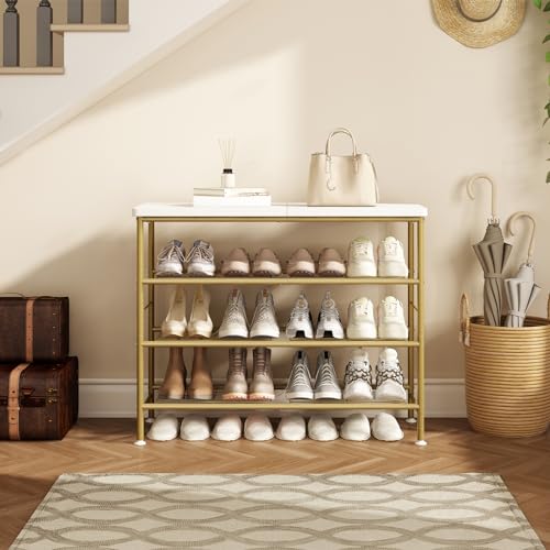 SUOERNUO Shoe Rack Organizer 4 Tier for Closet Entryway Free Standing Metal Storage Shoe Shelf with MDF Top Board，Gold - color: Gold, size: Standard 4 Tier