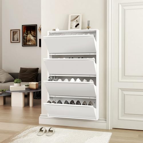 LUCYPAL Shoe Cabinet for Entryway,White Narrow Shoe Storage Cabinet with 4 Flip Drawers,Metal Slim Wall Mounted Shoe Cabinet for Entryway,Hallway,Living Room,White - color: White, size: 4 Drawers