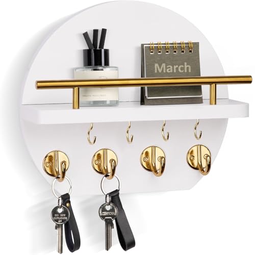 Nekon Key Holder for Wall - 9.8 Inch Apartment Wall Decor with Shelf and 8 Key Hooks, Circular Wood Key Hanger for Home Decor (White with Golden Hooks) - color: White&Gold