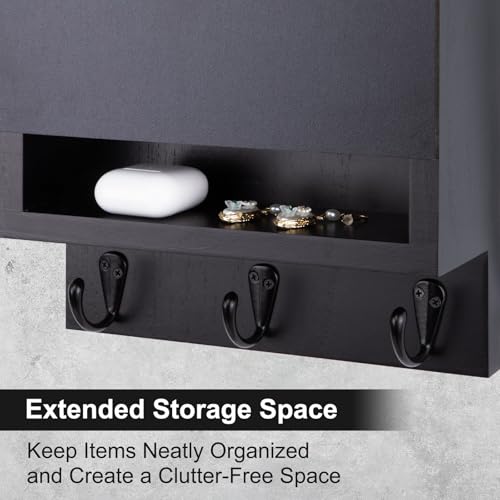 Key and Mail Holder for Wall, Key Holder with Chalkboard and Long Storage Box, Key Hanger with 3 Sturdy Hooks for Coat, Dog Leash, Entryway Mail Organizer (Black) - color: Black
