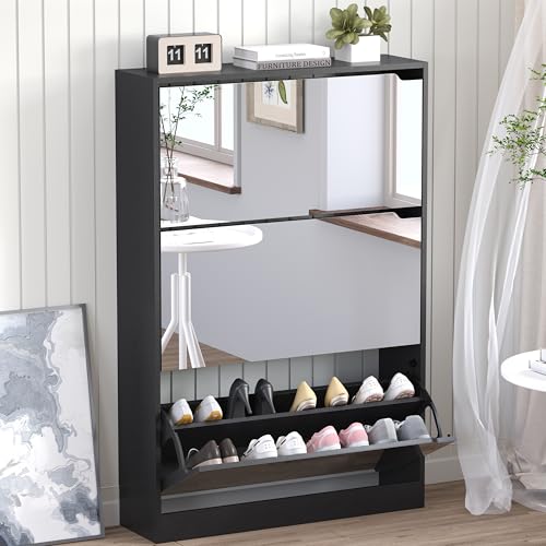 BORNOON Shoe Cabinet with 3-Flip Mirror Drawers, Freestanding Shoe Rack Organizer with Hidden Handle, Slim Narrow Shoe Storage Cabinet for Entryway, Entrance, Hallway, Bedroom - color: Black, size: 3-Drawer with Mirror