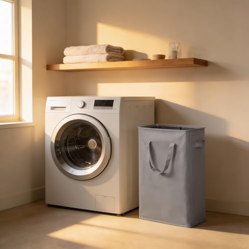 ZERO JET LAG Slim Laundry Hamper With Handles Collapsible Laundry Basket Thin Dirty Clothes Basket Narrow Laundry Bag Foldable Dirty Cloth Hamper 45L (24 inches,Grey) - color: Gray (With Handles)