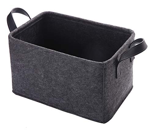 Collapsible Storage Basket with Carry Handles Felt Fabric Storage Bin Durable Organizer for Gift Toys Shoes Clothes Towels Nursery Home Laundry Office Decorative Organizing Box(Dark grey) - color: PU-Dark grey, size: 13.9L×9.6W×8.2H