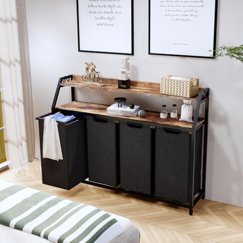 Timberer Laundry Hamper, Laundry Sorter with 4 Section, Rolling Basket with Wheels, 2 Shelves, 4 14.5 Gal, Pull-Out and Removable Oxford Fabric Bags for Laundry Room, Black and Rustic Brown - color: Black + Rustic Brown, size: 4 Bags (54.3"L x 12.9"W x 41